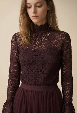 Anna - Burgundy Lace High Collar Blouse