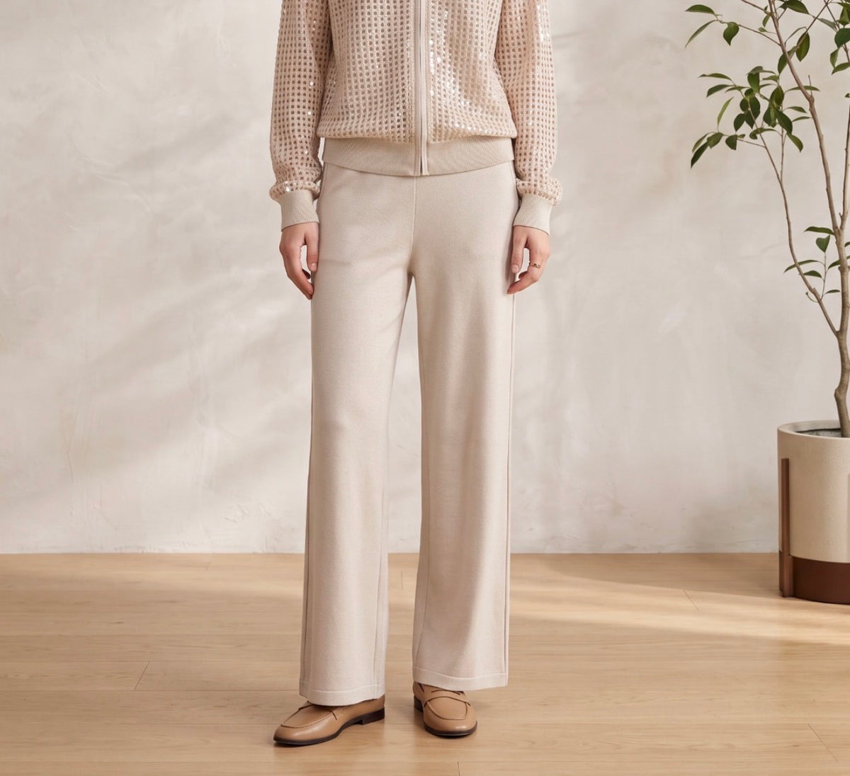 Anna - Beige Faux Leather Trousers