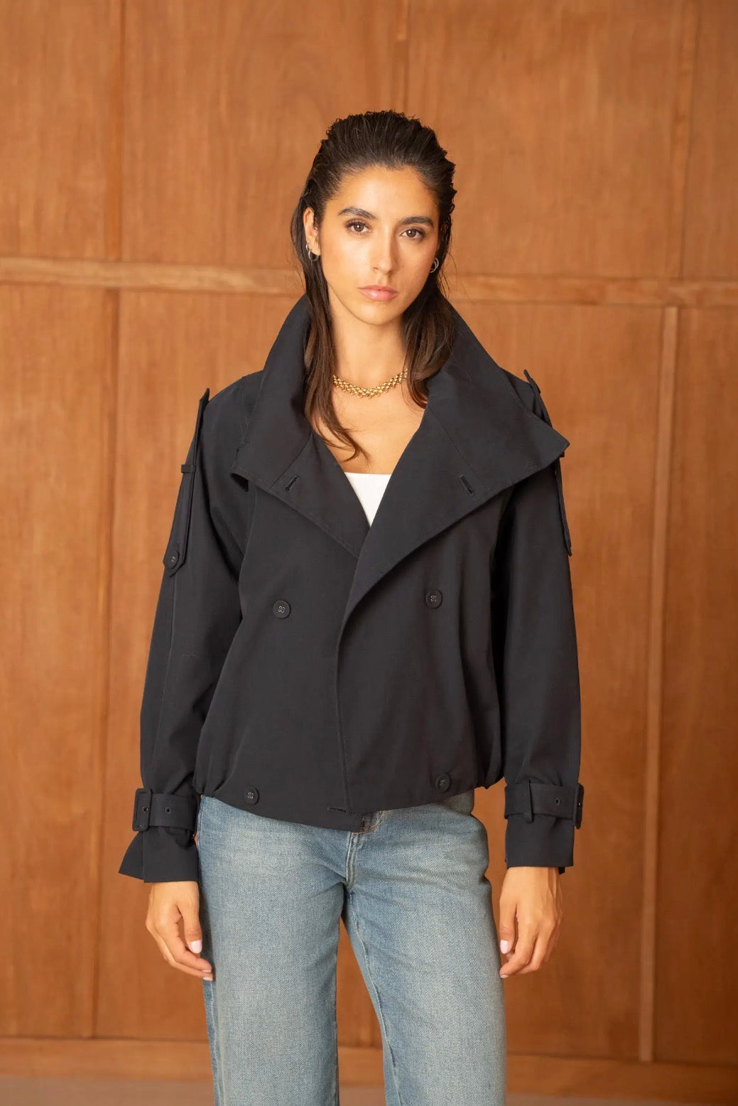 Anna - Navy Relaxed Fit Short Trench Style Coat