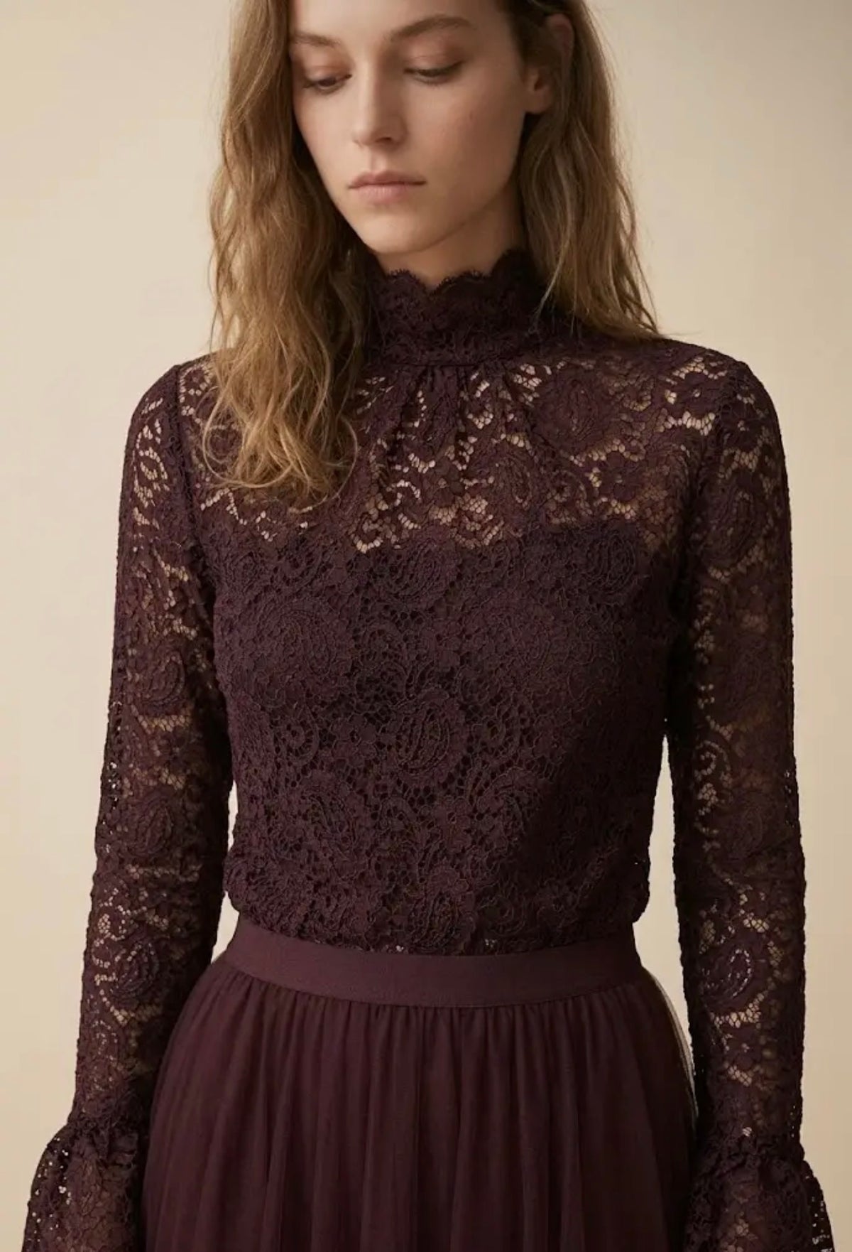 Anna - Burgundy Lace High Collar Blouse