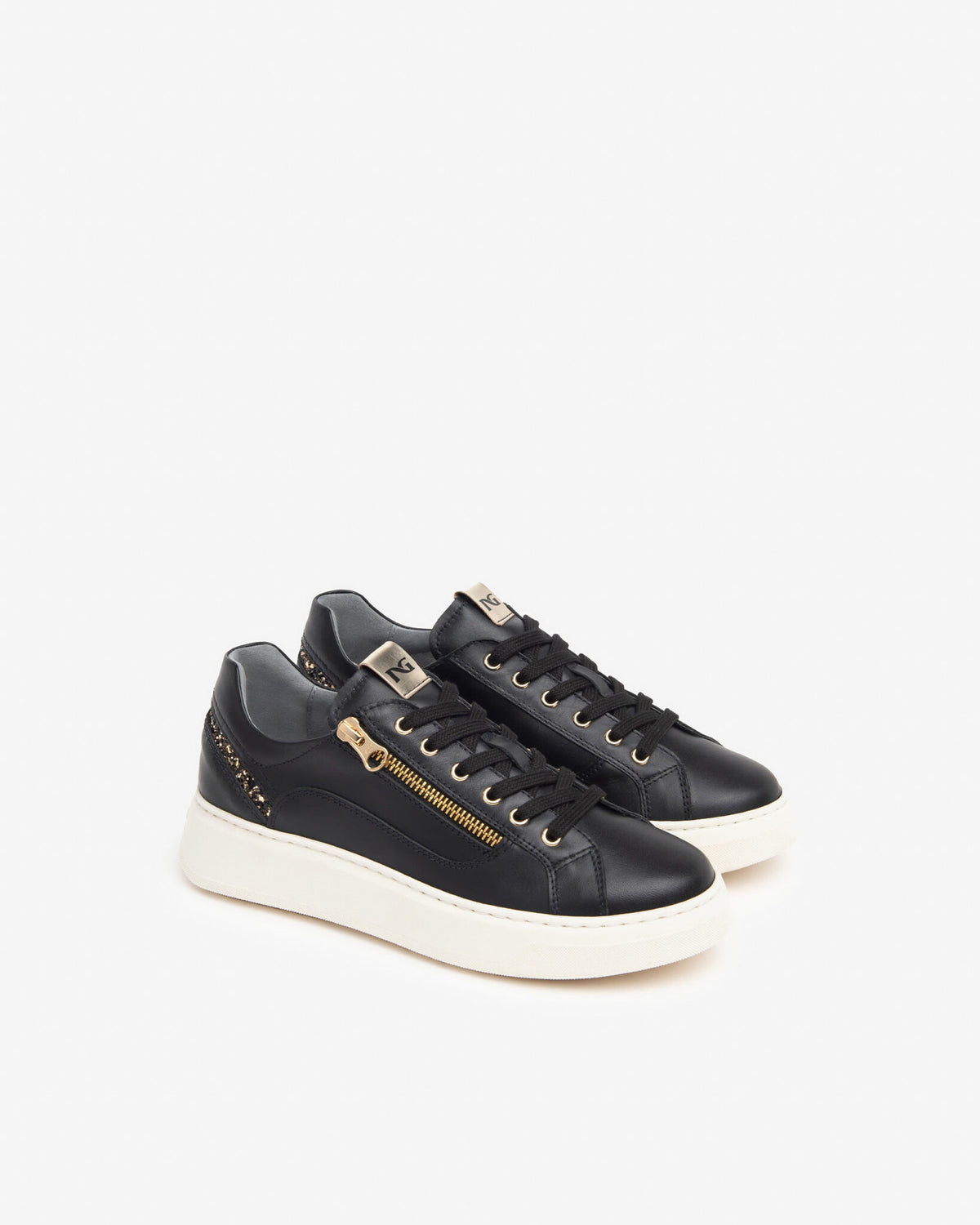 Nerogiardini - I411600D Black Laced Trainers with a Gold Zip [Generous Fit]