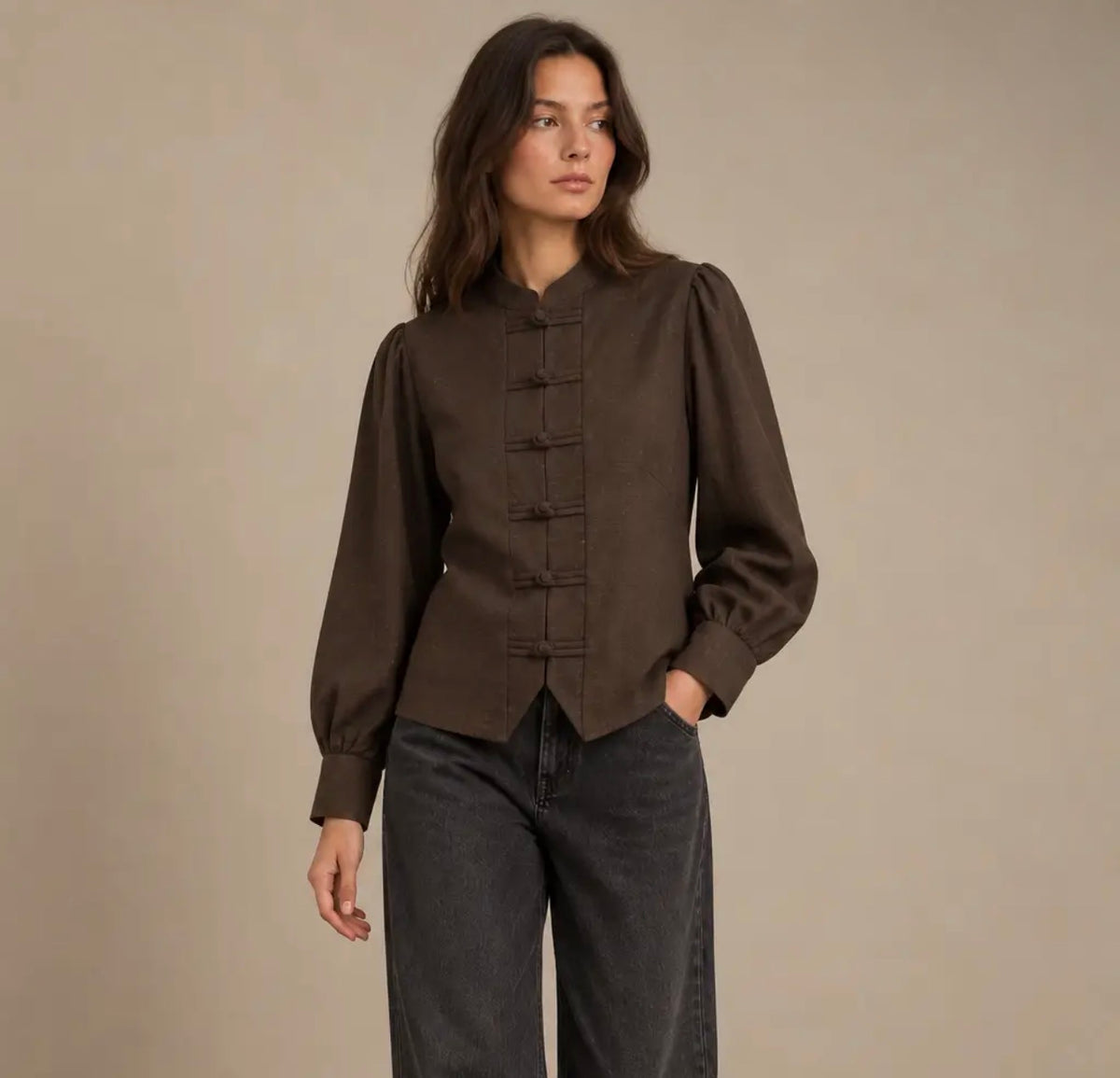 Anna - Brown Mandarin Blouse