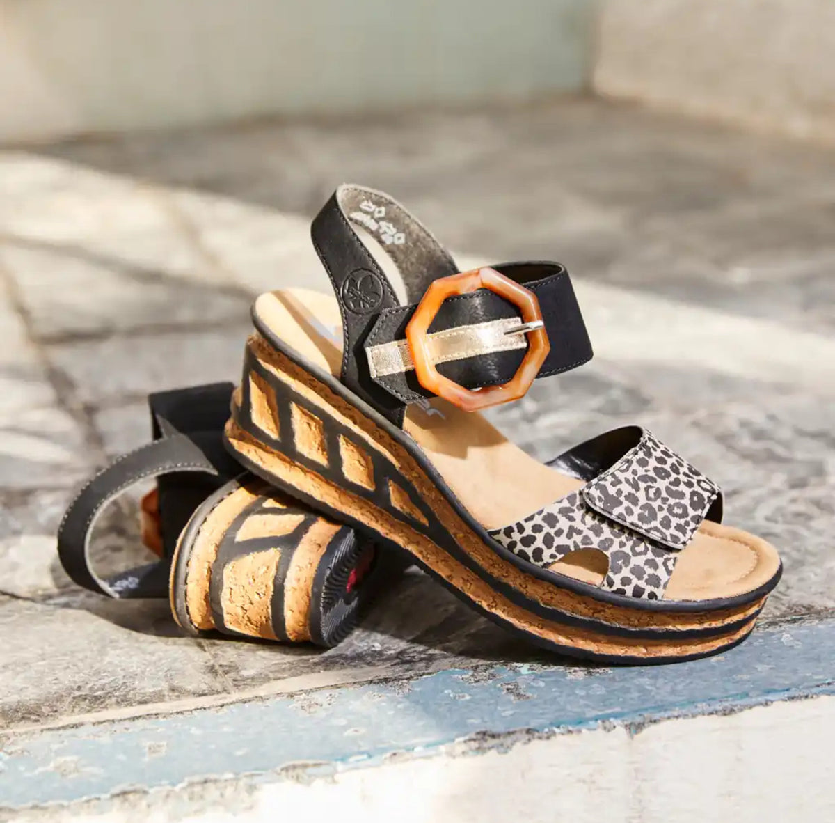 Rieker - 68176 Black and Leopard Wedge Sandal