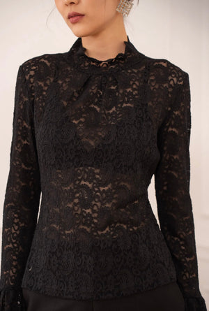 Anna - Black Lace High Neck Collar Blouse