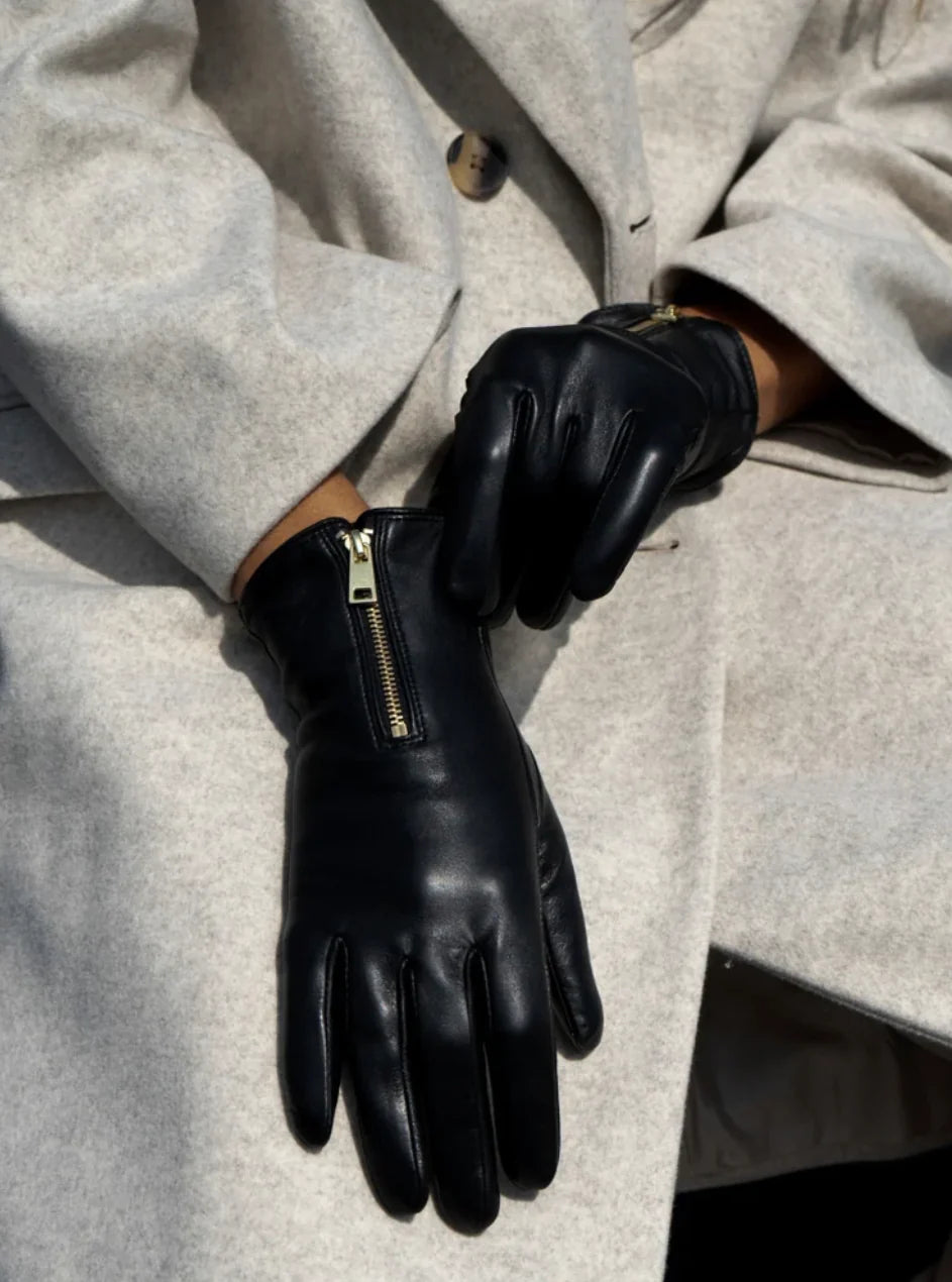 Depeche - 14894 Black Leather Gloves with a Gold Zip