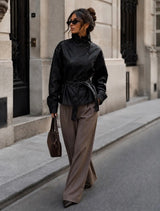 Anna - Black Belt Faux Leather Jacket