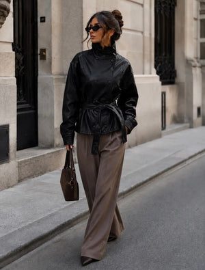 Anna - Black Belt Faux Leather Jacket