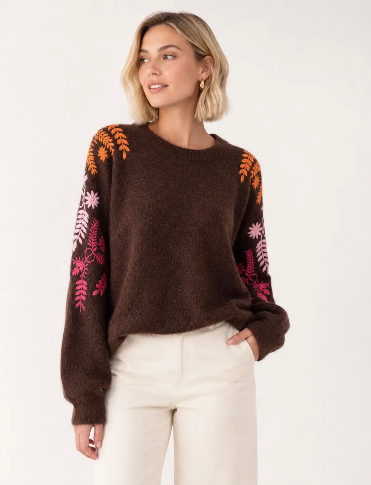 Anna - Brown Embroidered Knit Jumper