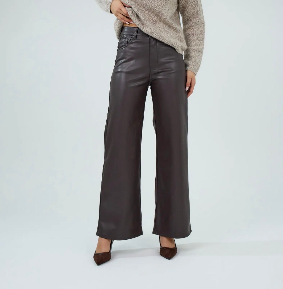 Anna - Brown Faux Leather Trousers