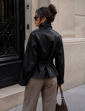 Anna - Black Belt Faux Leather Jacket
