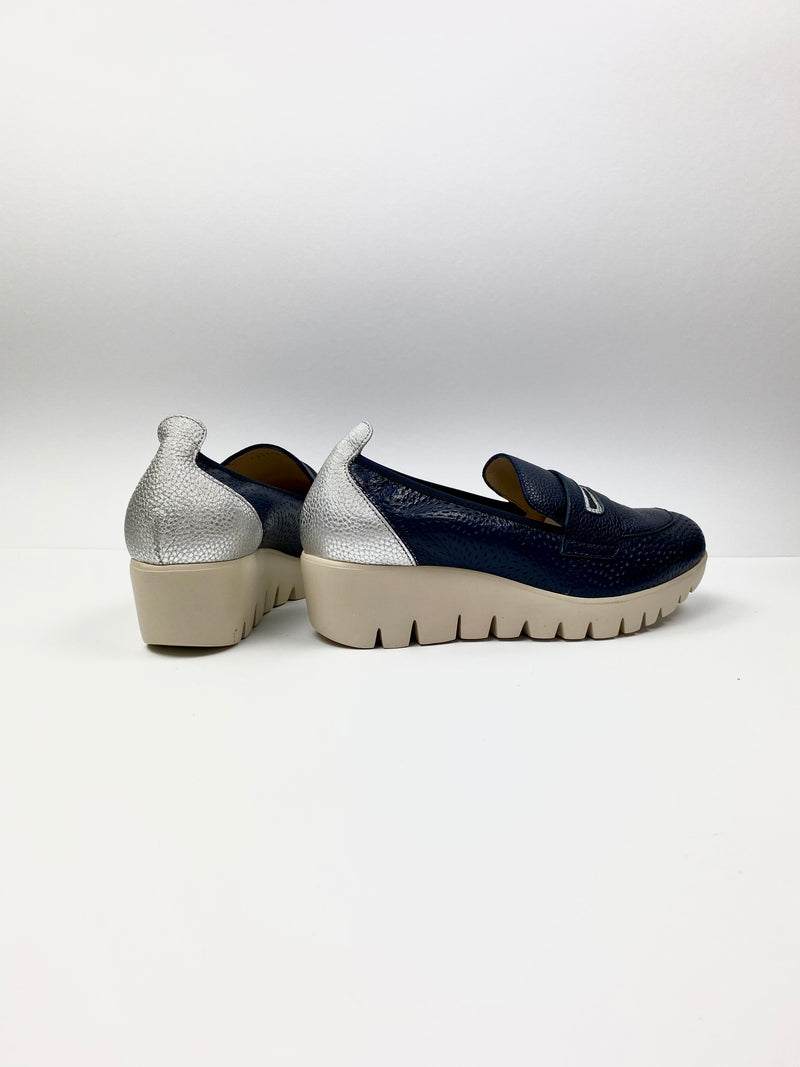 Wonders - C-33314 Navy and Silver Pref Wedge Loafer