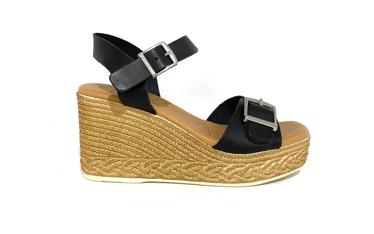 Oh My Sandals - 5224 Black Leather Wedge with a Buckle*