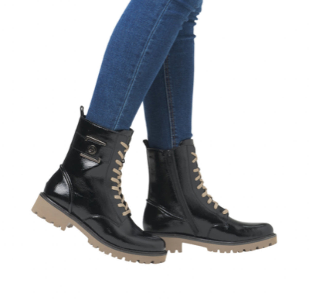 Remonte - D8663-00 Black & Tan Patent Biker Boot