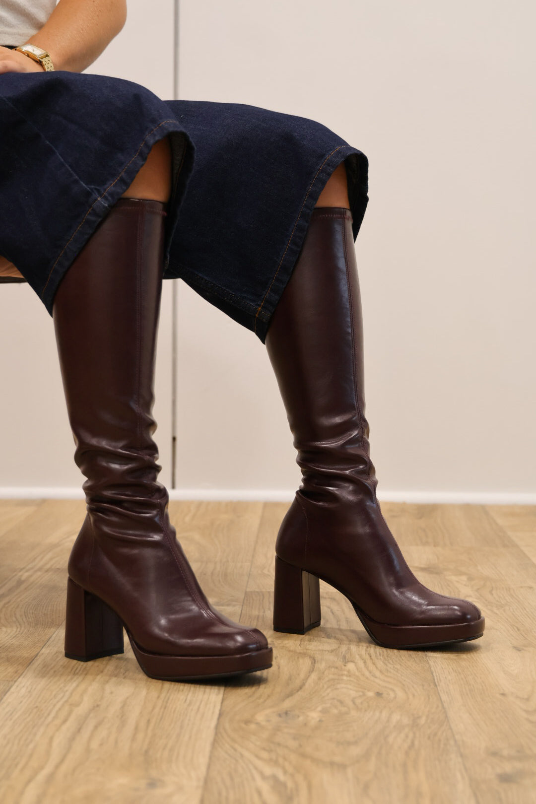 Miss Elastic - 77031 Burgundy Platform Knee High Boot