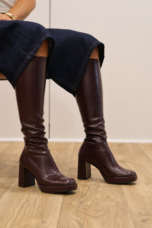 Miss Elastic - 77031 Burgundy Platform Knee High Boot