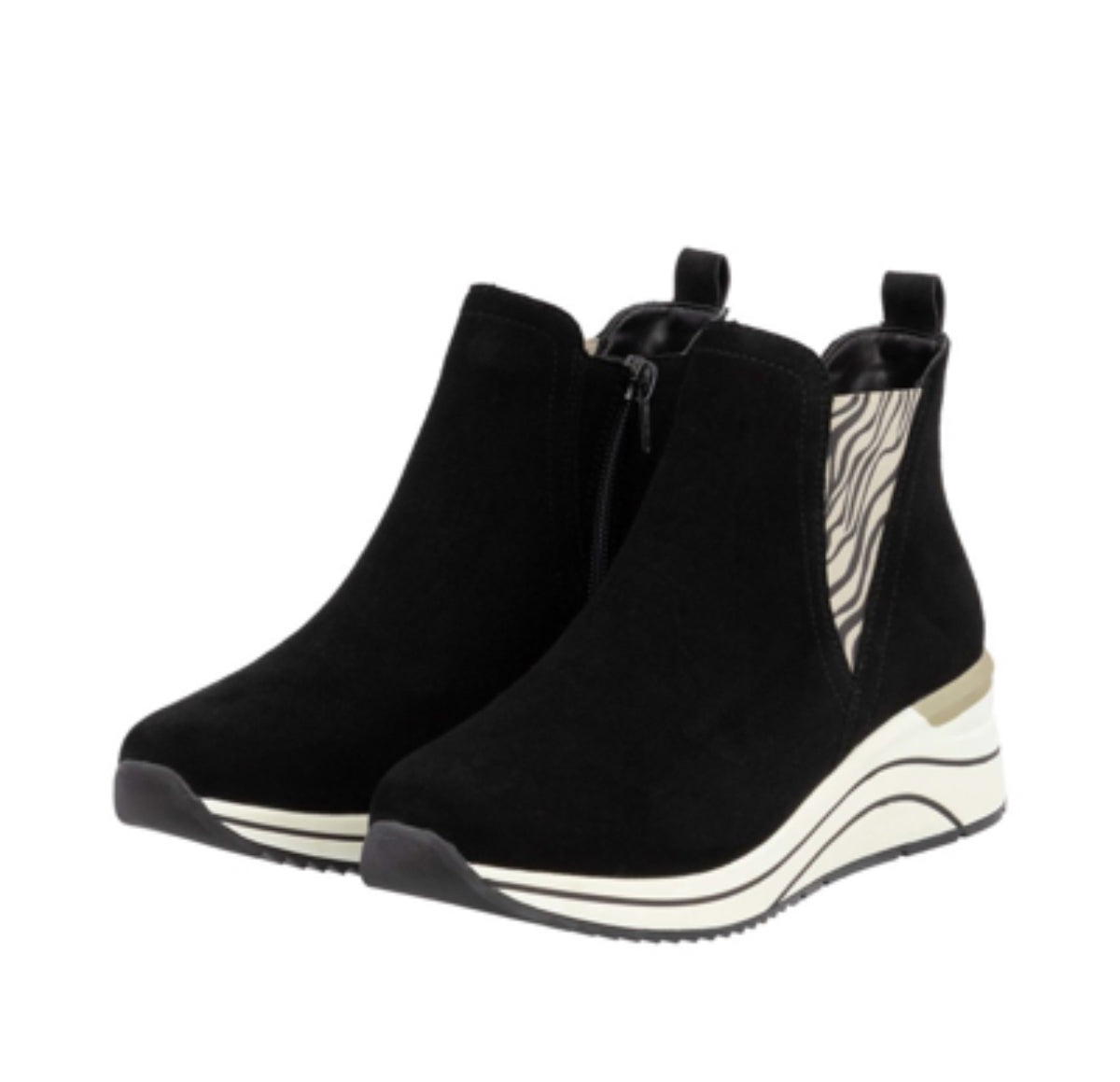 Remonte - D0T75 Black Wedge Boot with a Zebra Trim