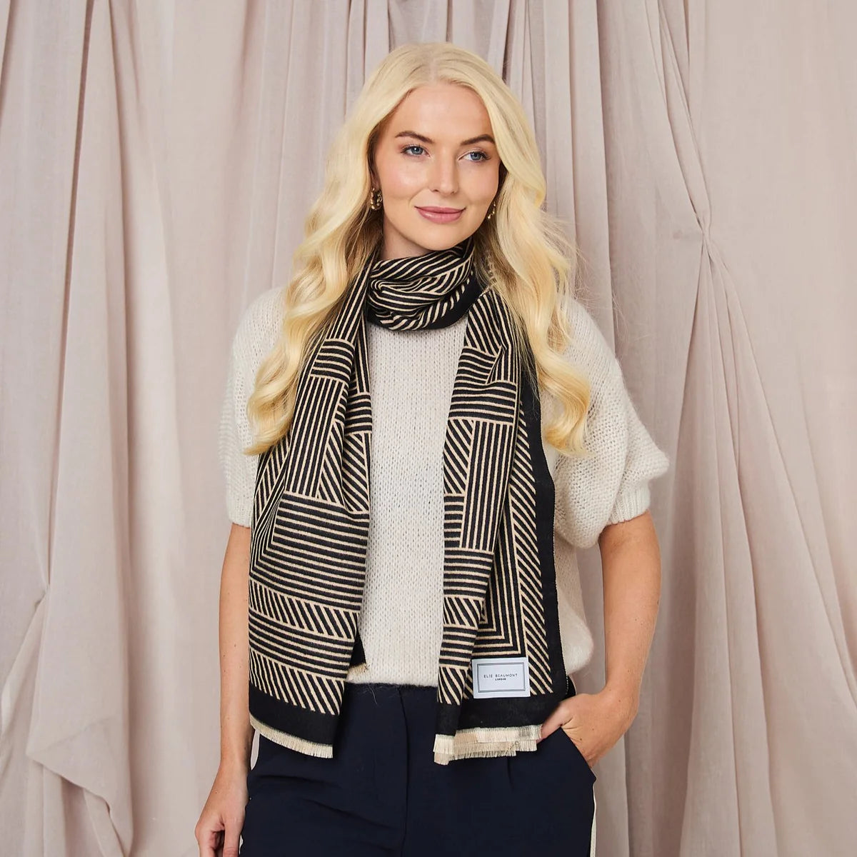 Elie Beaumont - Black and Sand Geometric Scarf