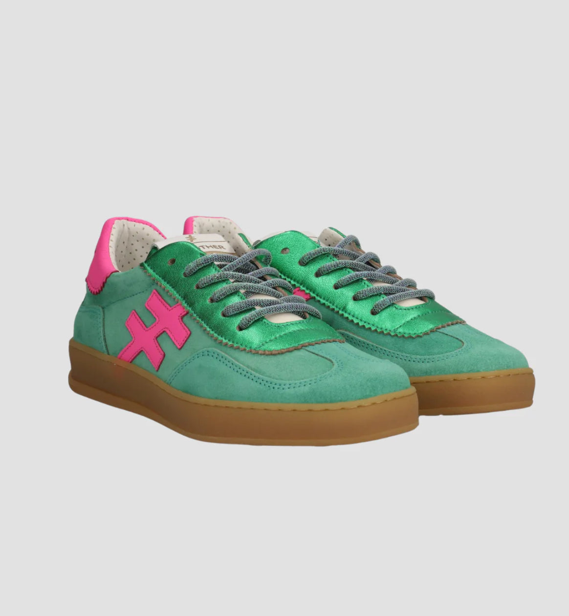 Another Trend - [VENTO]Green Metallic & Suede and Luminous Pink Trainer [Generous Fit]