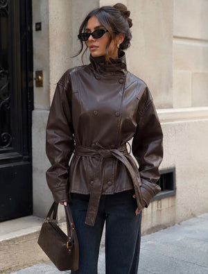 Anna - Brown Belt Faux Leather Jacket