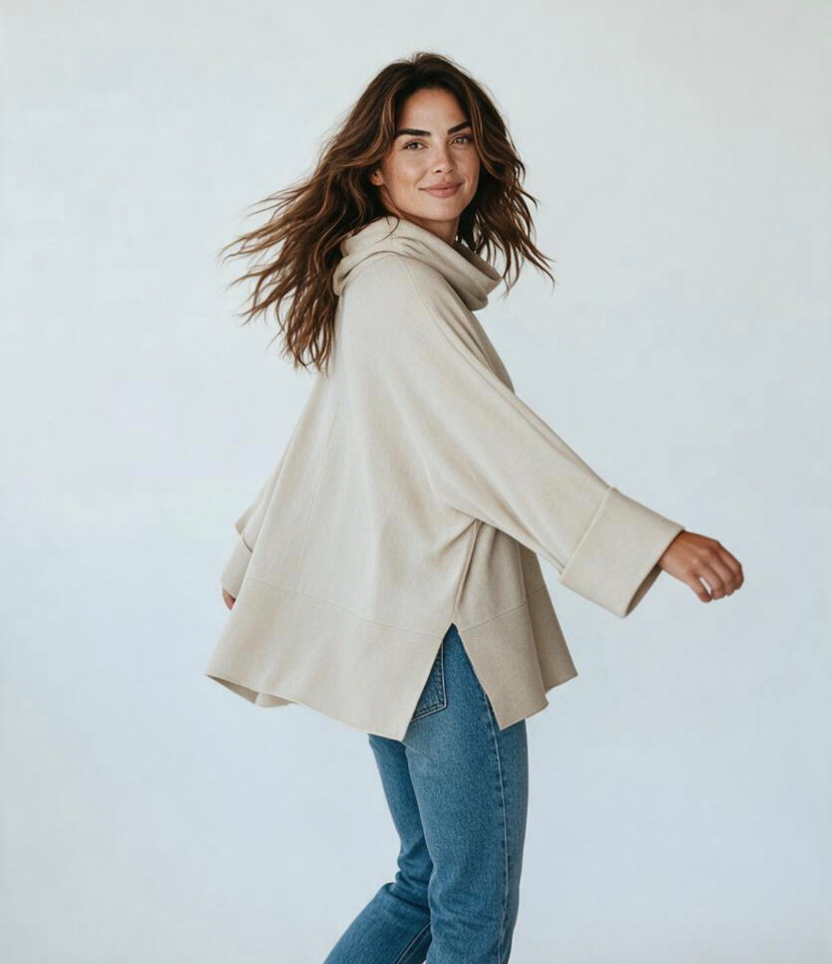 Anna - Beige Polo Neck Jumper