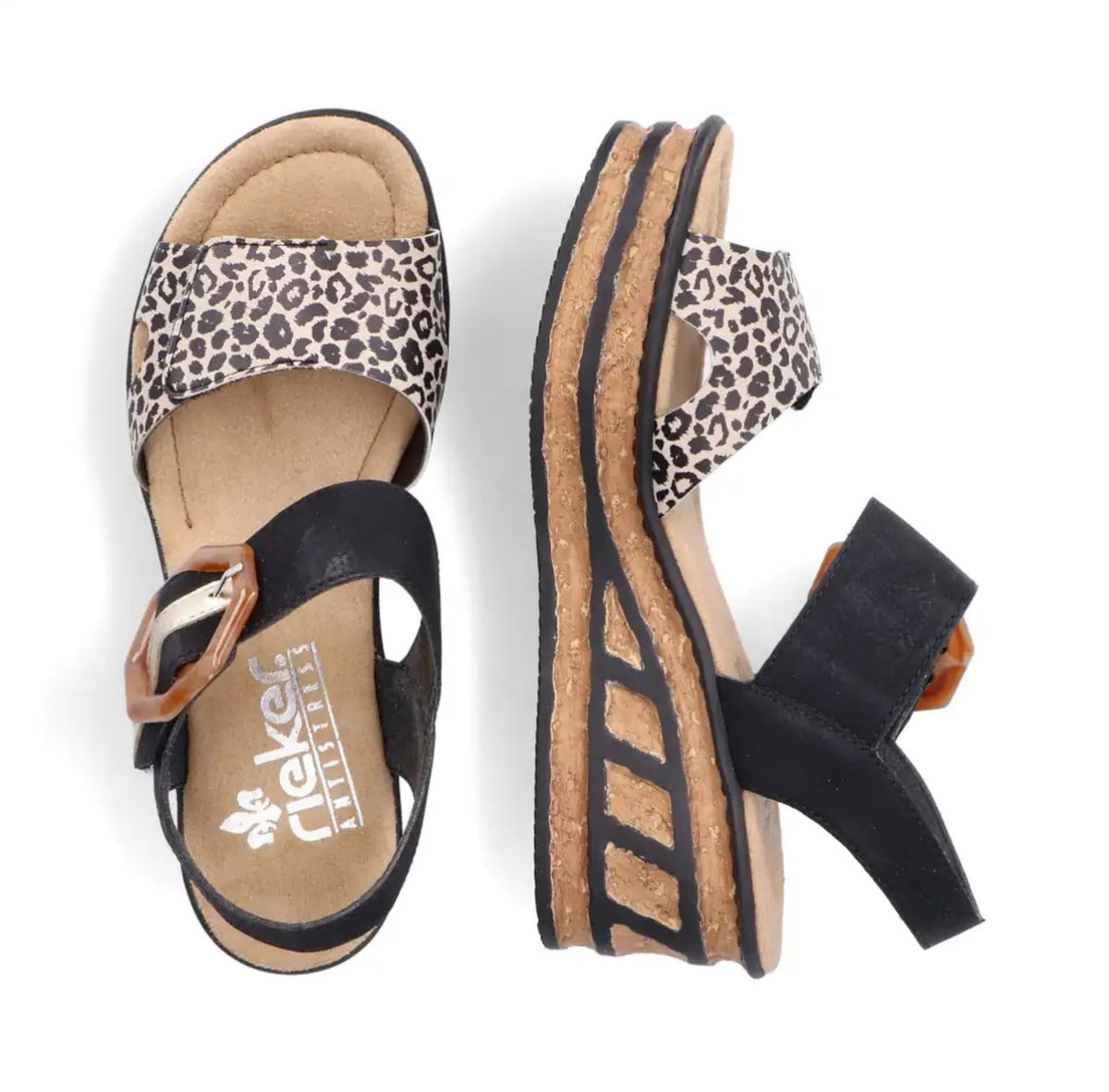 Rieker - 68176 Black and Leopard Wedge Sandal