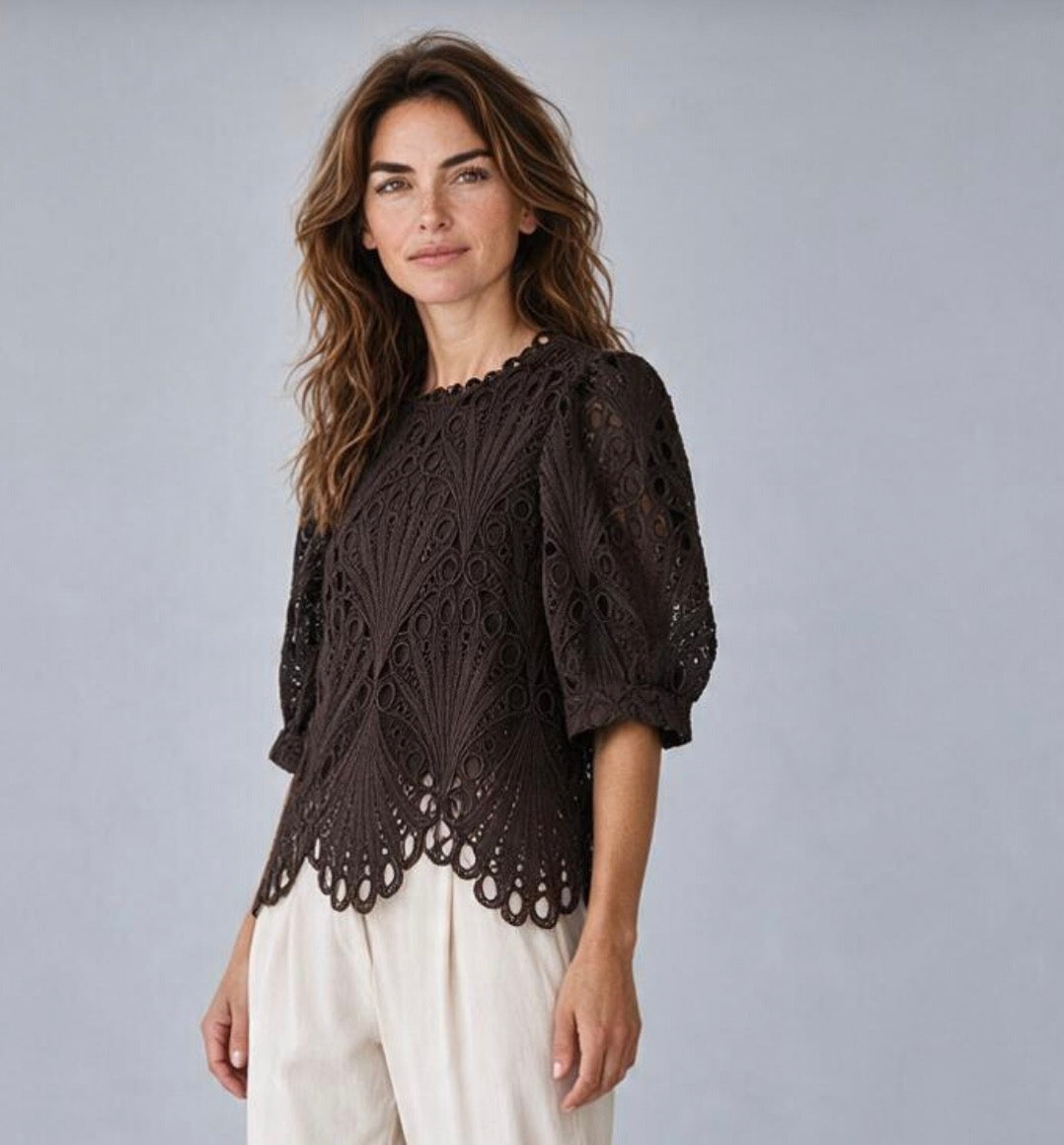 Anna - Brown Lined Laced Top