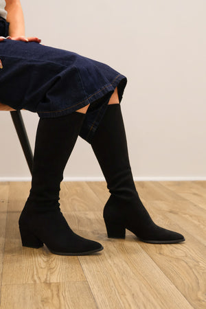 Miss Elastic - 75375 Black Suede Knee High Sock Boot