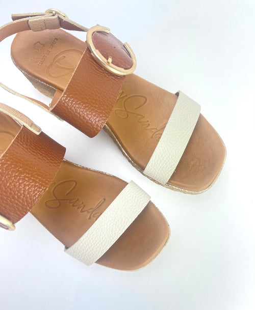 Oh My Sandals - 5455 Tan and Cream Wedge Sandal