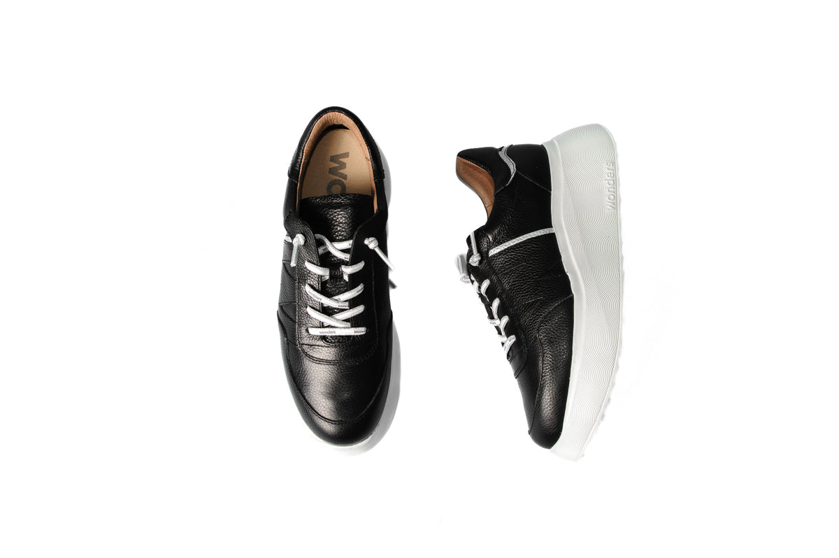 Wonders -A3601 Black Leather Slip on Trainer