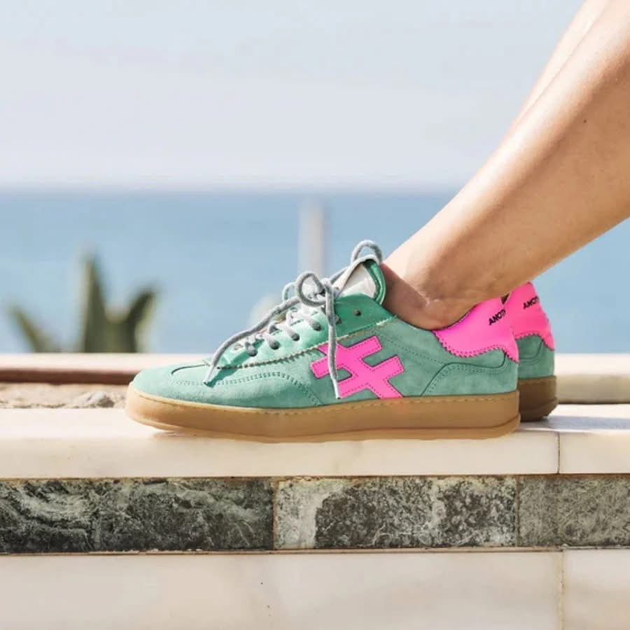 Another Trend - [VENTO]Green Metallic & Suede and Luminous Pink Trainer