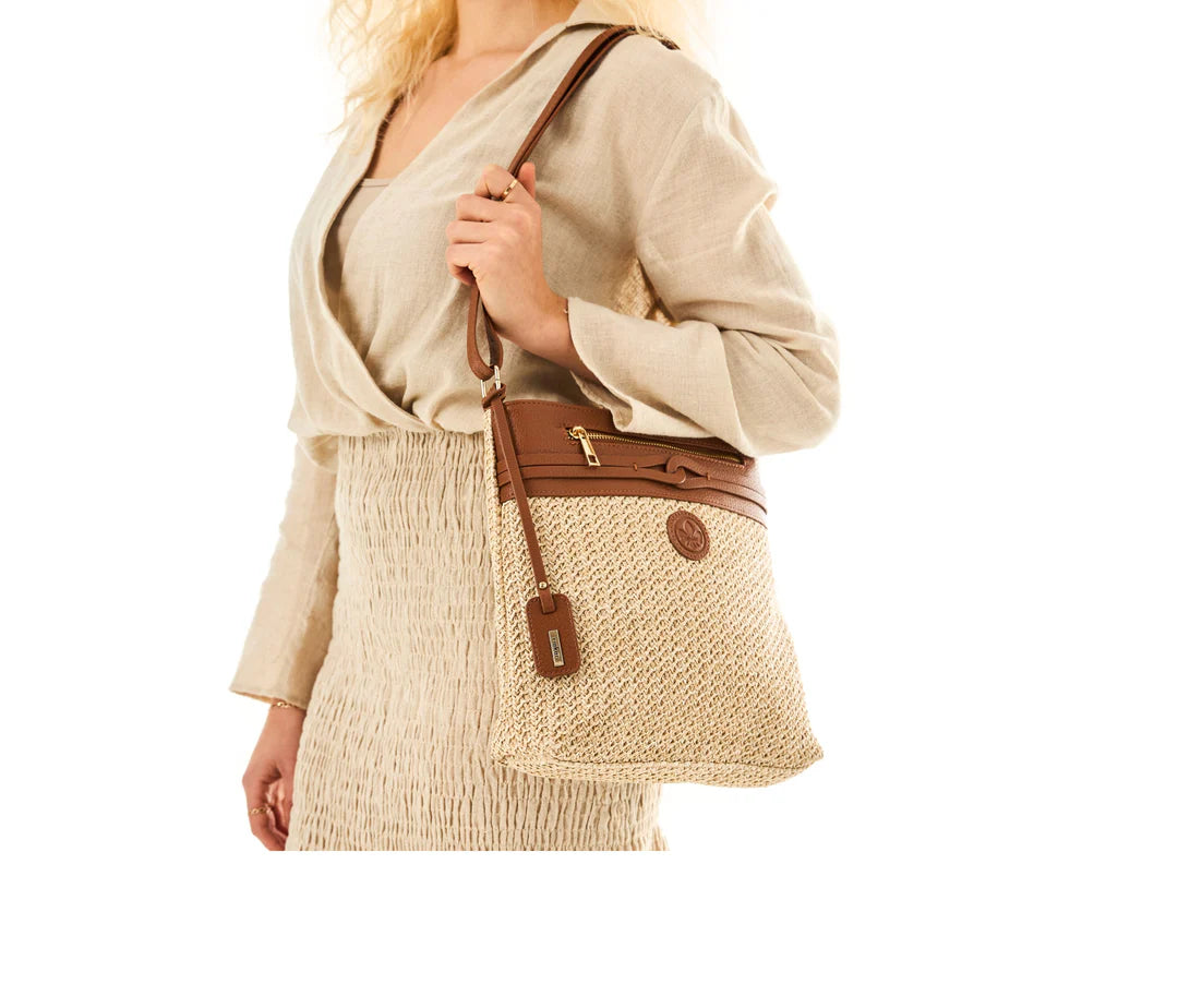 Rieker - H1519-64 Beige and Tan Raffia Crossbody