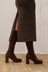 Miss Elastic - 77031 Brown Platform Knee High Sock Boot
