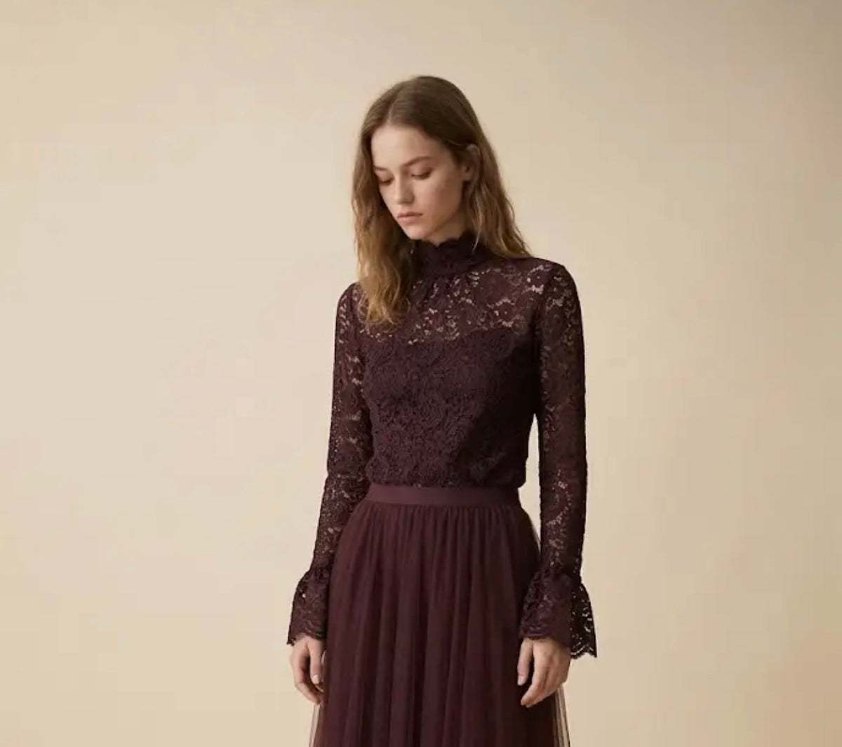 Anna - Burgundy Lace High Collar Blouse