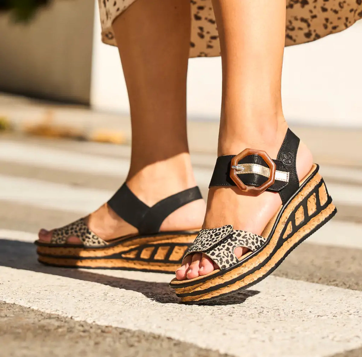 Rieker - 68176 Black and Leopard Wedge Sandal