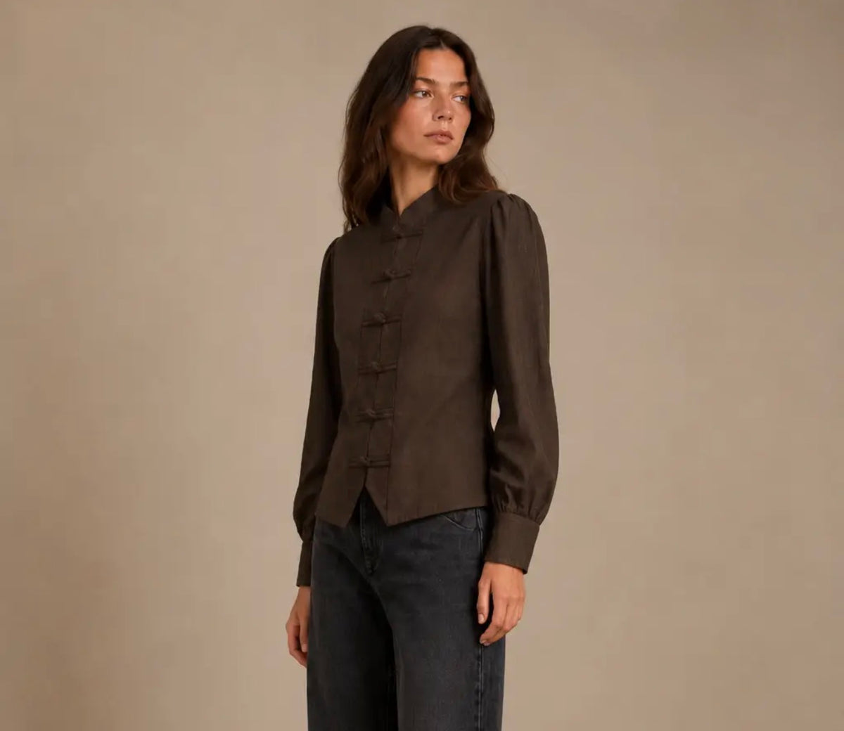 Anna - Brown Mandarin Blouse