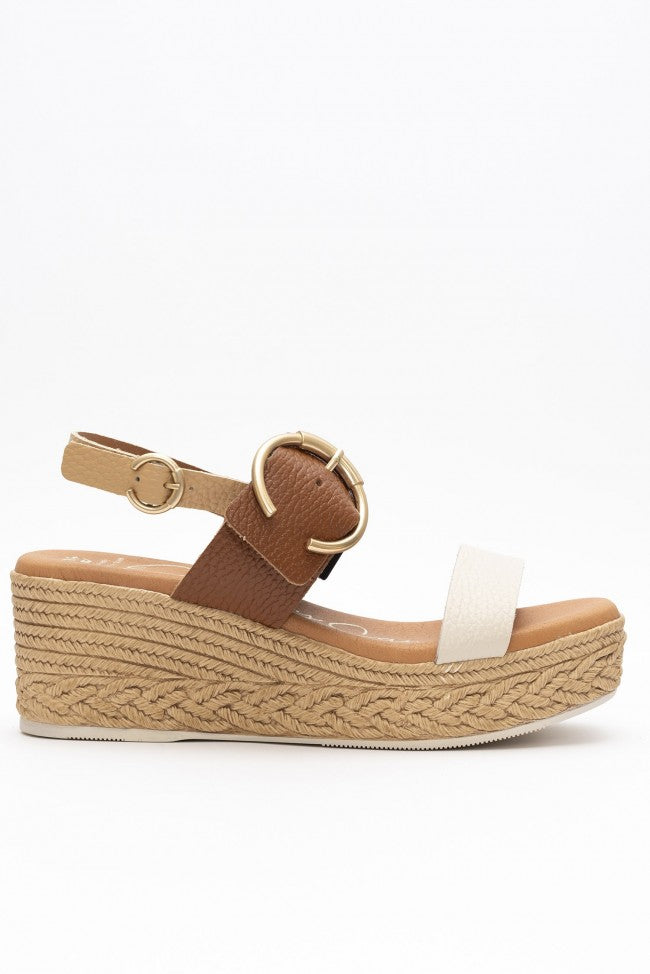 Oh My Sandals - 5455 Tan and Cream Wedge Sandal