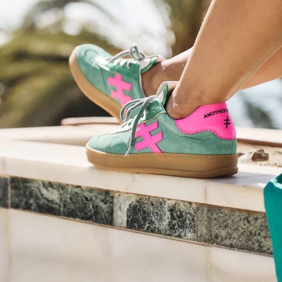 Another Trend - [VENTO]Green Metallic & Suede and Luminous Pink Trainer