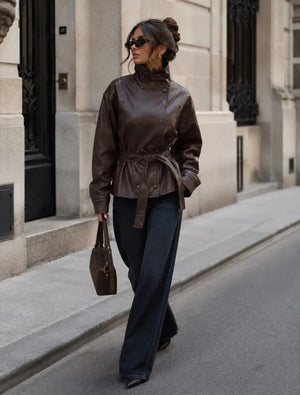 Anna - Brown Belt Faux Leather Jacket