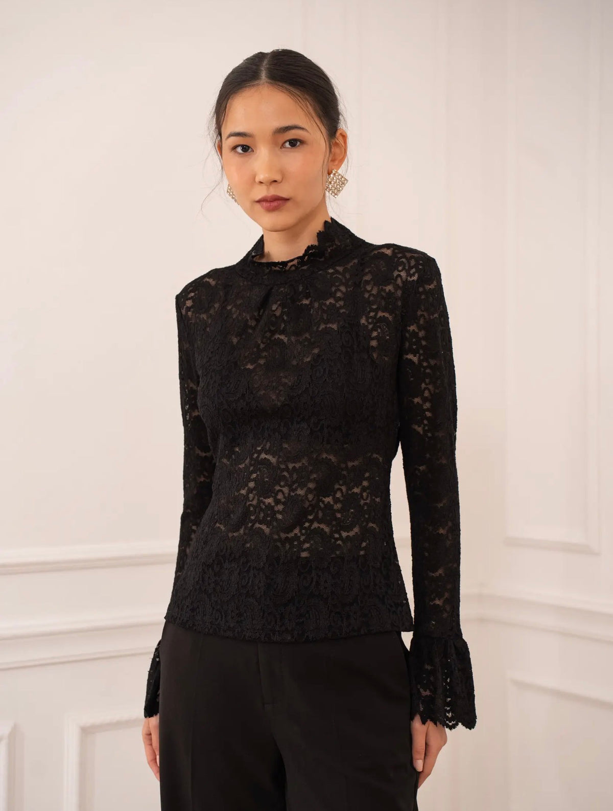 Anna - Black Lace High Neck Collar Blouse