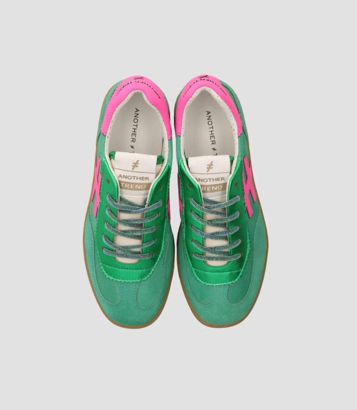 Another Trend - [VENTO]Green Metallic & Suede and Luminous Pink Trainer [Generous Fit]