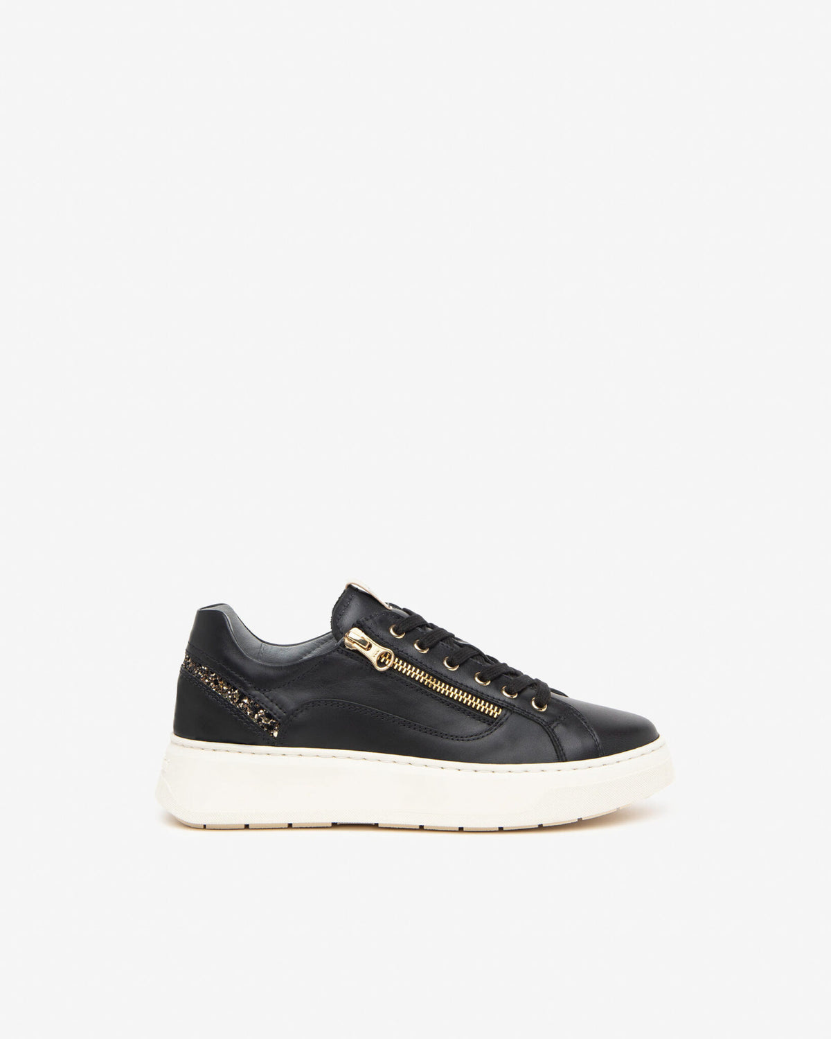 Nerogiardini - I411600D Black Laced Trainers with a Gold Zip [Generous Fit]