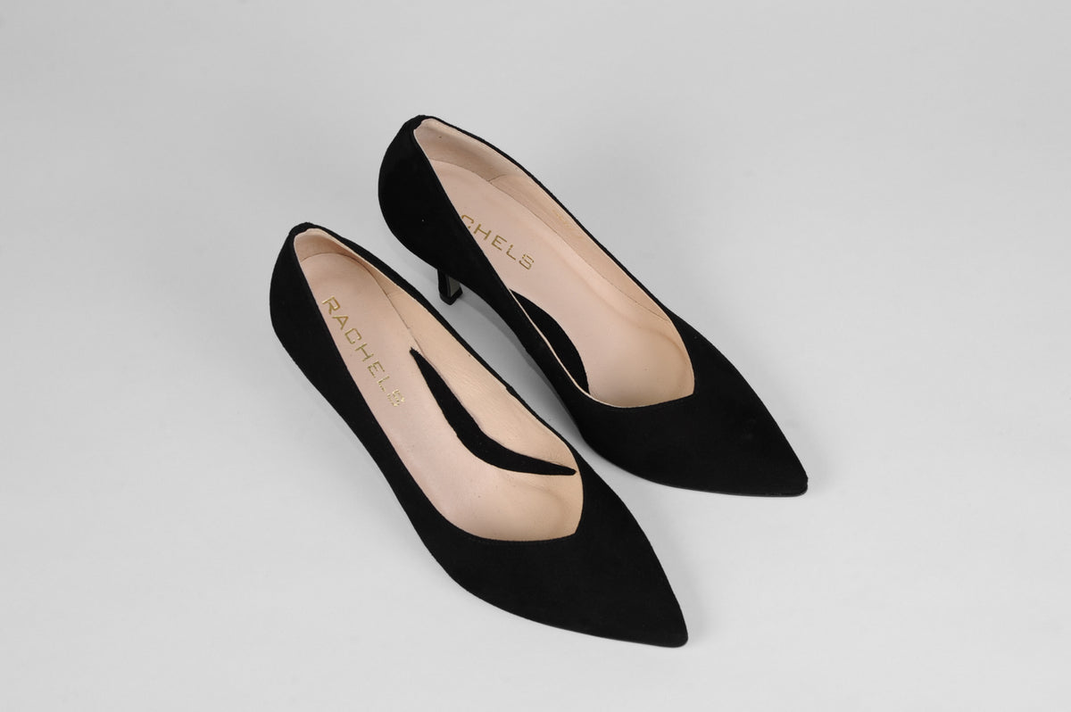 Rachels - Z6047 Black Suede V Court Shoe