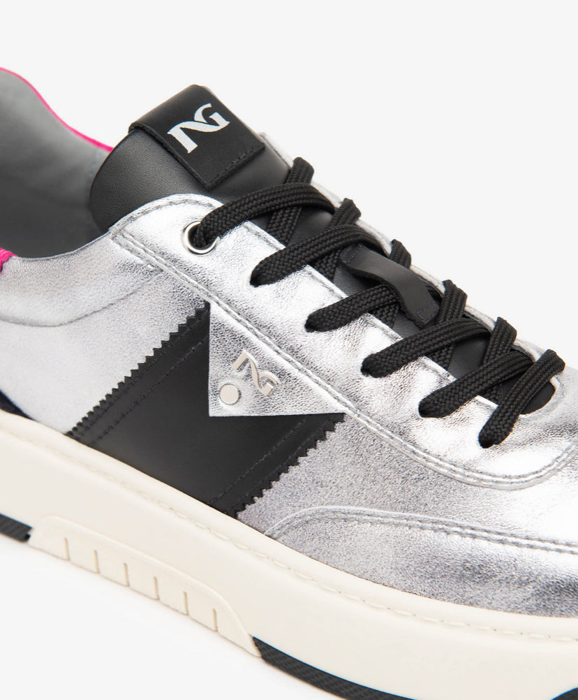 NeroGiardini - I411646D Metallic Silver & Black Leather Trainer [Please size down] Preorder for middle of October