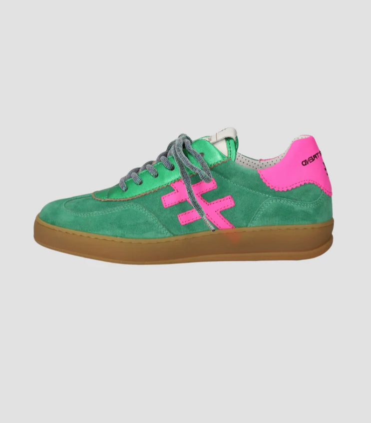 Another Trend - [VENTO]Green Metallic & Suede and Luminous Pink Trainer [Generous Fit]