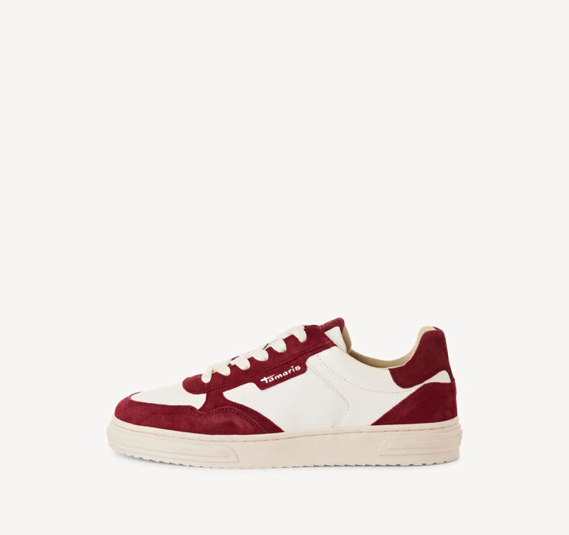 Tamaris - 23617 White & Red Leather & Suede Trainer