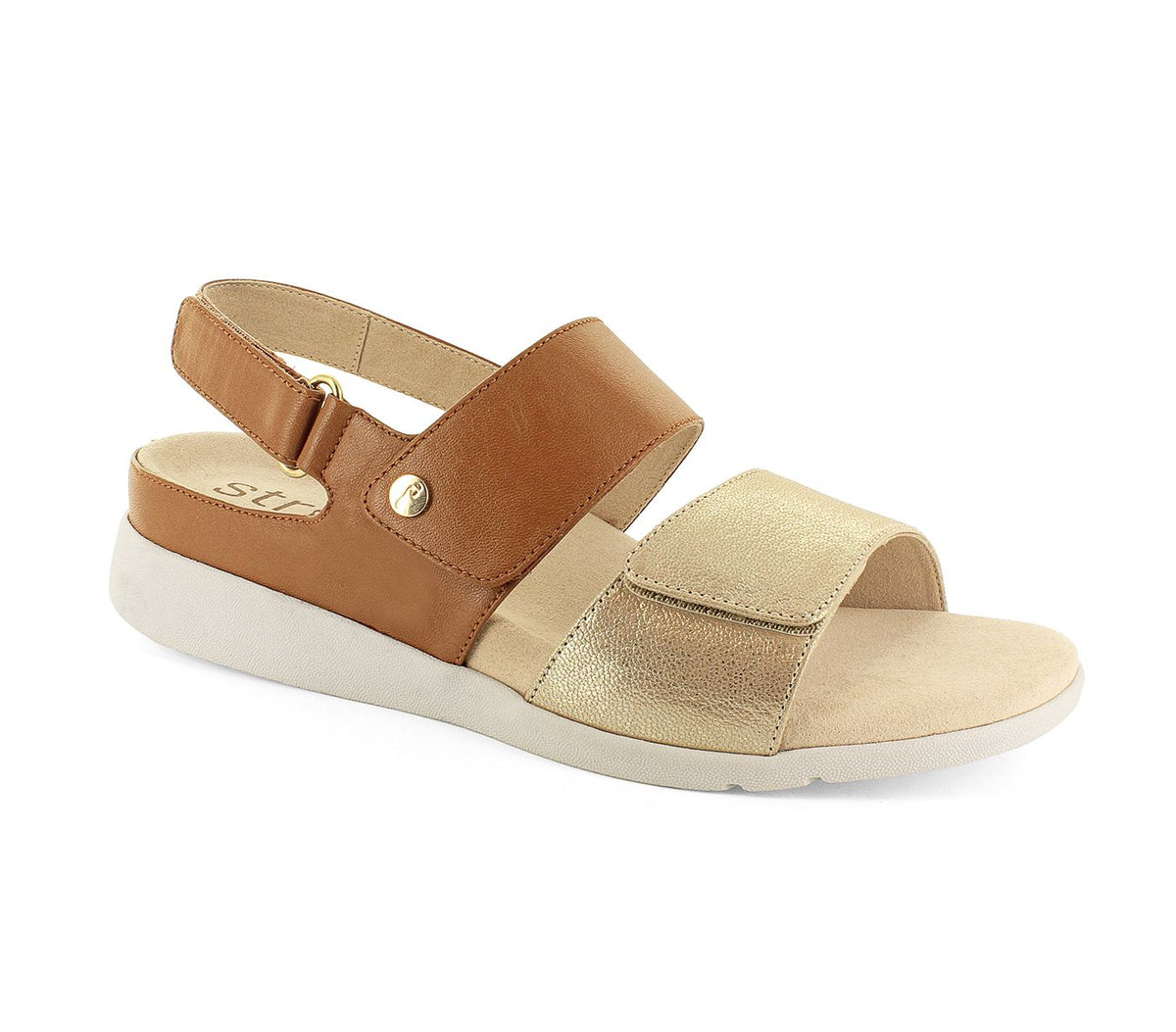 Strive - Riviera || Tan and Gold Velcro Leather Sandal