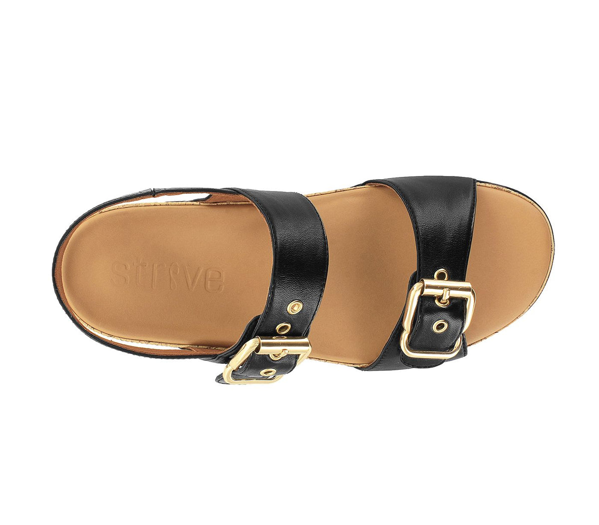 Strive - Amalfi black Gold Buckle Leather Sandal