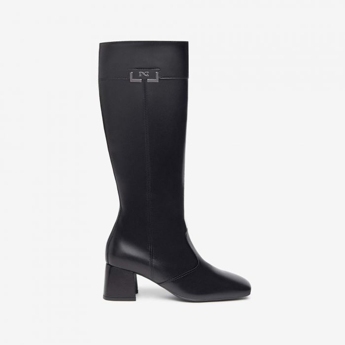 NeroGiardini -I308658DE Black Leather Knee high with Medium Block Heel
