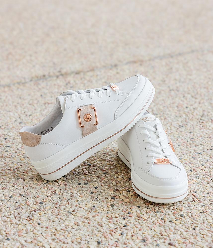 Remonte - D1C02 White Leather Trainer with a Rose Gold Trim