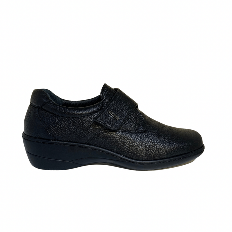 Softmode- Black Leather Stretch  Velcro Shoe With Zip [Extra Wide Fit]